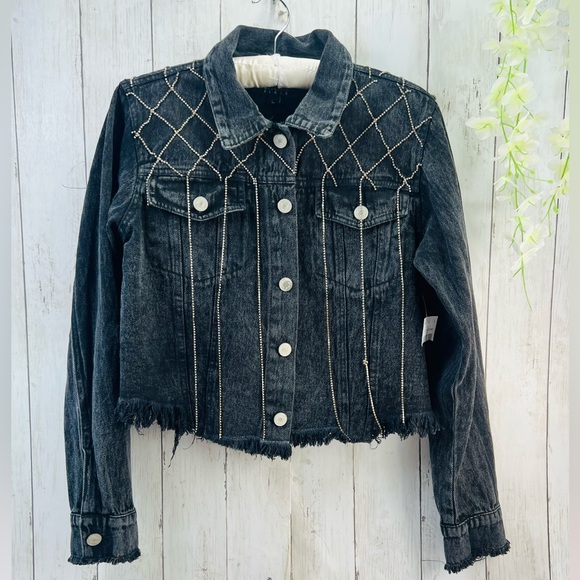 Thrill Jeans Y2K Women's Dark Gray Rhinestone Tassels Cropped Denim Jacket Large - Picture 1 of 15